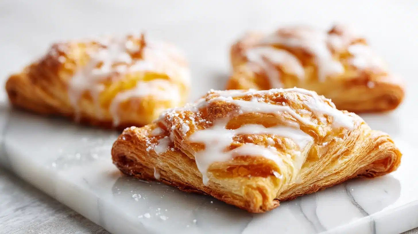 Easy Peach Danish Recipe with Puff Pastry and Cream Cheese 27 Easy peach danish recipe with cream cheese filling and powdered sugar glaze on white ceramic plate