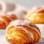 Overhead, close-up view of a rectangular golden-brown puff pastry peach danish resting on parchment paper. Creamy white cheese filling and vibrant peach slices are visible beneath a shiny, drizzled vanilla glaze, with scattered peach crumbs nearby.