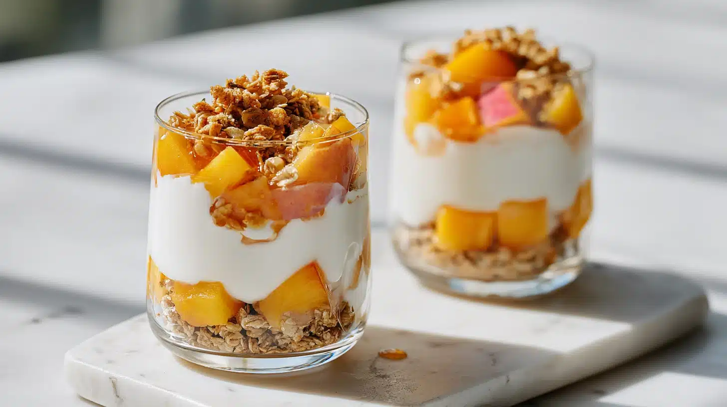 Easy Peach Parfait Recipes That Come Together in 20 Minutes Flat 26 Easy peach parfait recipes served in a tall glass with yogurt and granola