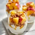 A clear glass jar on a white table showcasing a layered parfait with creamy Greek yogurt, juicy diced peaches, crunchy golden granola, and a drizzle of honey, representing easy peach parfait recipes.
