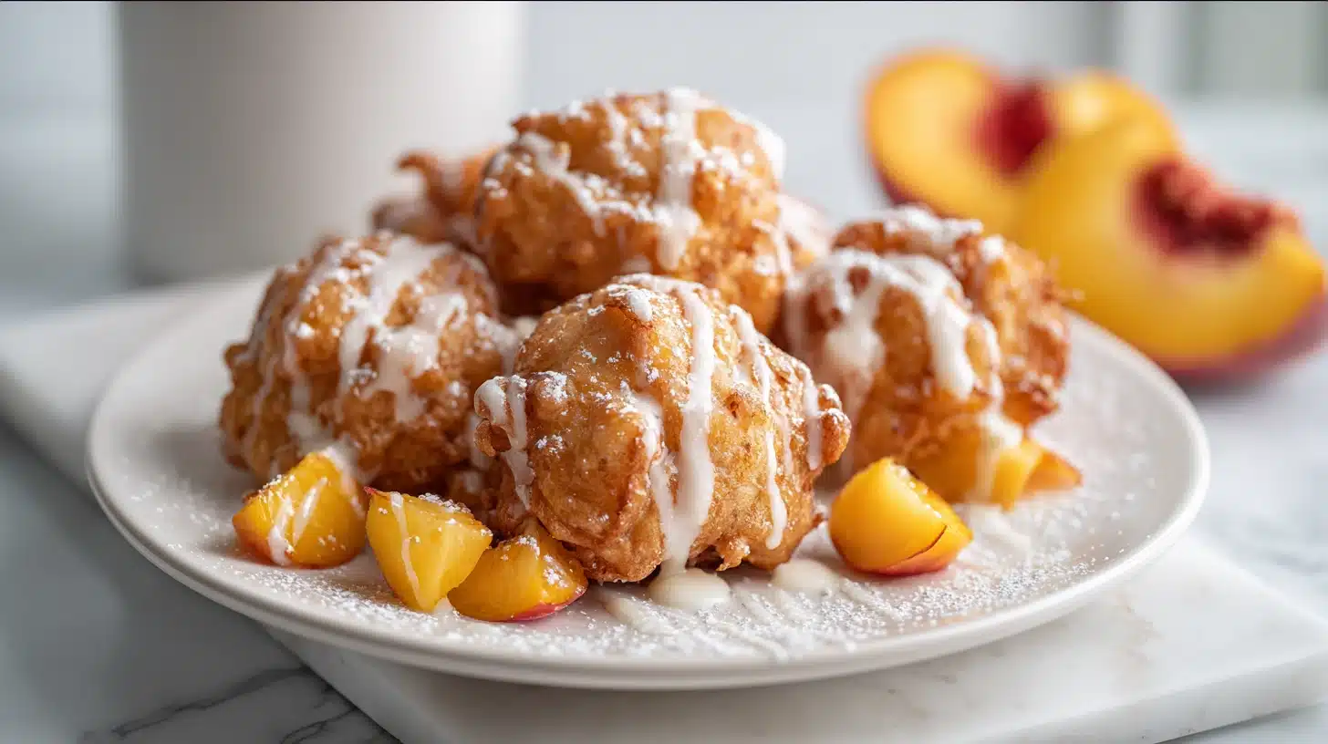 Fresh Peach Fritters Recipe: Crispy, Golden, and Ready in 20 Minutes 28 Fresh peach fritters recipe served on white ceramic plate with vanilla glaze