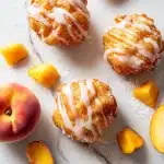 A stack of golden-brown crispy peach fritters drizzled with glossy vanilla glaze, surrounded by fresh peach chunks and a light dusting of powdered sugar on a rustic plate, illustrating a fresh peach fritters recipe.