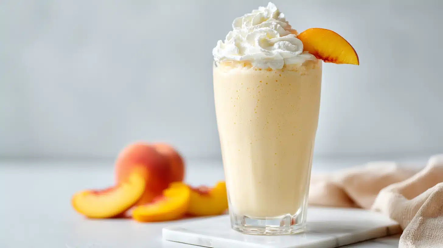 Fresh Peach Milkshake Recipe: Thick, Creamy, and Better Than Chick-fil-A 19 Fresh peach milkshake recipe in a tall frosty glass with whipped cream and peach slice