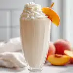 Tall glass of thick fresh peach milkshake with fluffy whipped cream and a peach slice on the rim, on a bright clean background.