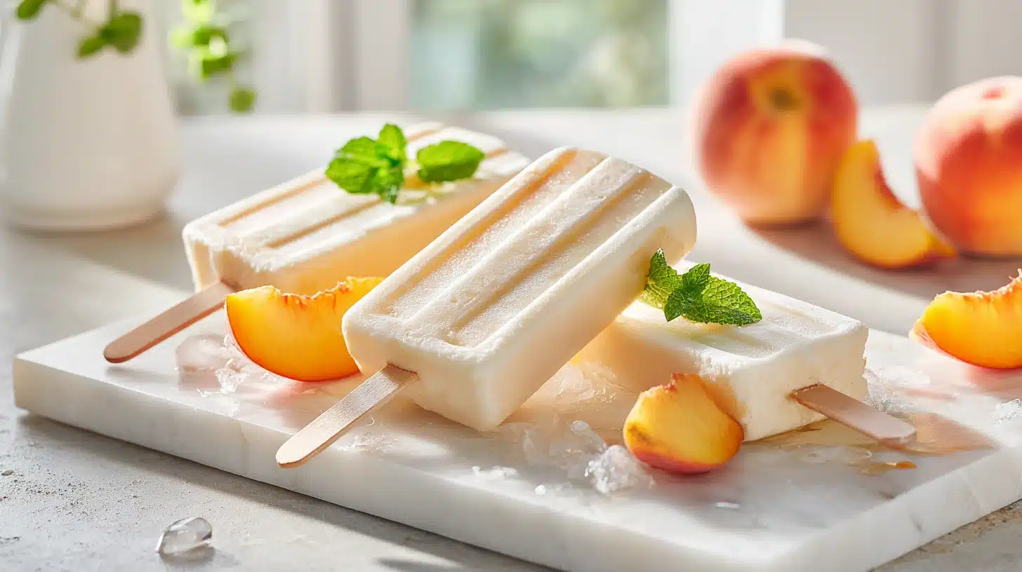 Frozen Peach Popsicle Recipe: Creamy, Real-Fruit Ice Pops You'll Make All Summer 18 Frozen peach popsicle recipe with creamy golden pops on a marble surface