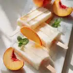 Three creamy homemade peach popsicles on marble with sliced peaches and mint in natural light for a frozen peach popsicle recipe.