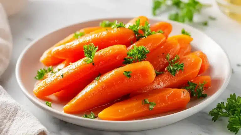 Garlic brown sugar carrots glazed in a white skillet with parsley garnish
