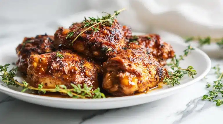 Garlic brown sugar chicken thighs in a cast iron skillet with sticky caramelized glaze