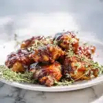 Close-up of garlic brown sugar chicken thighs with sticky caramelized glaze, golden-brown, on a white plate garnished with fresh thyme.