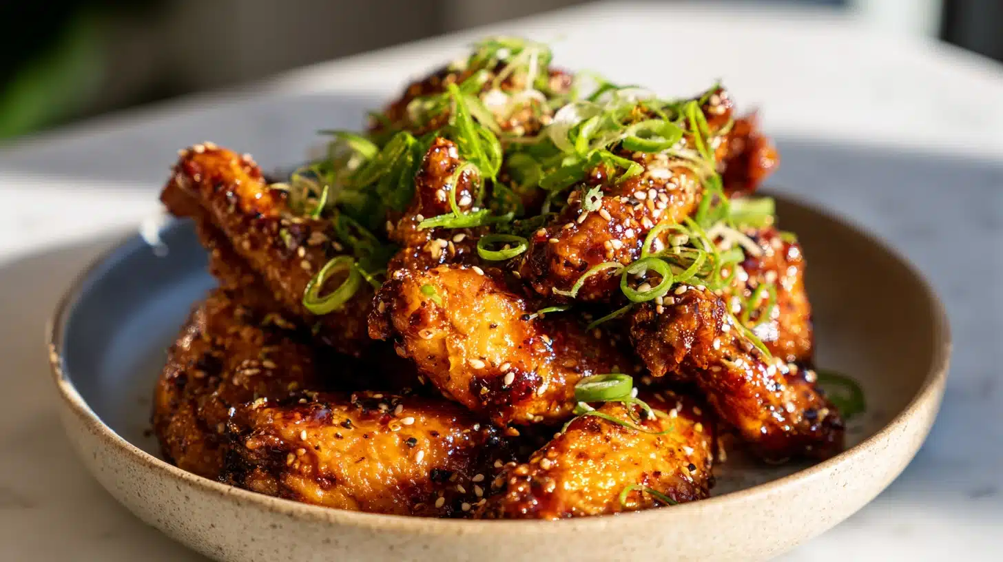 Garlic Brown Sugar Chicken Wings: Sticky, Crispy, and Impossible to Stop Eating 25 Garlic brown sugar chicken wings glazed and garnished with scallions on a wooden board