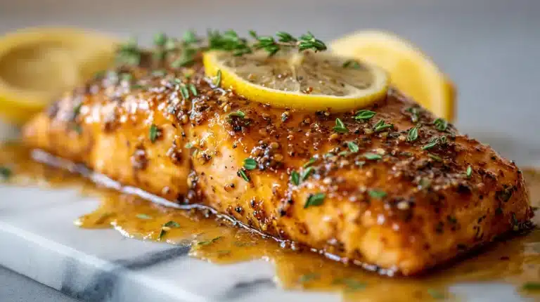 Four glazed salmon fillets with garlic brown sugar glaze on parchment-lined baking sheet