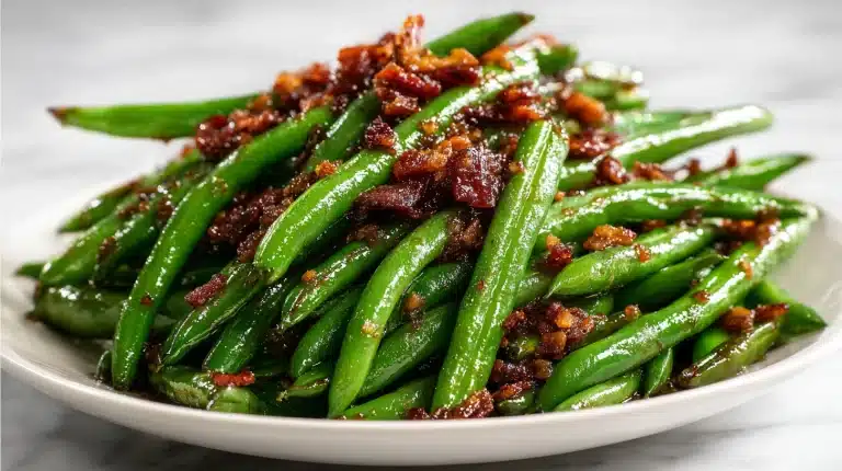 Glossy garlic brown sugar green beans on a dark wood platter with golden garlic and red pepper flakes