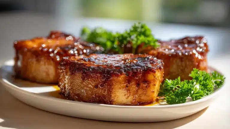 Garlic brown sugar pork chops with sticky caramelized glaze on dark slate