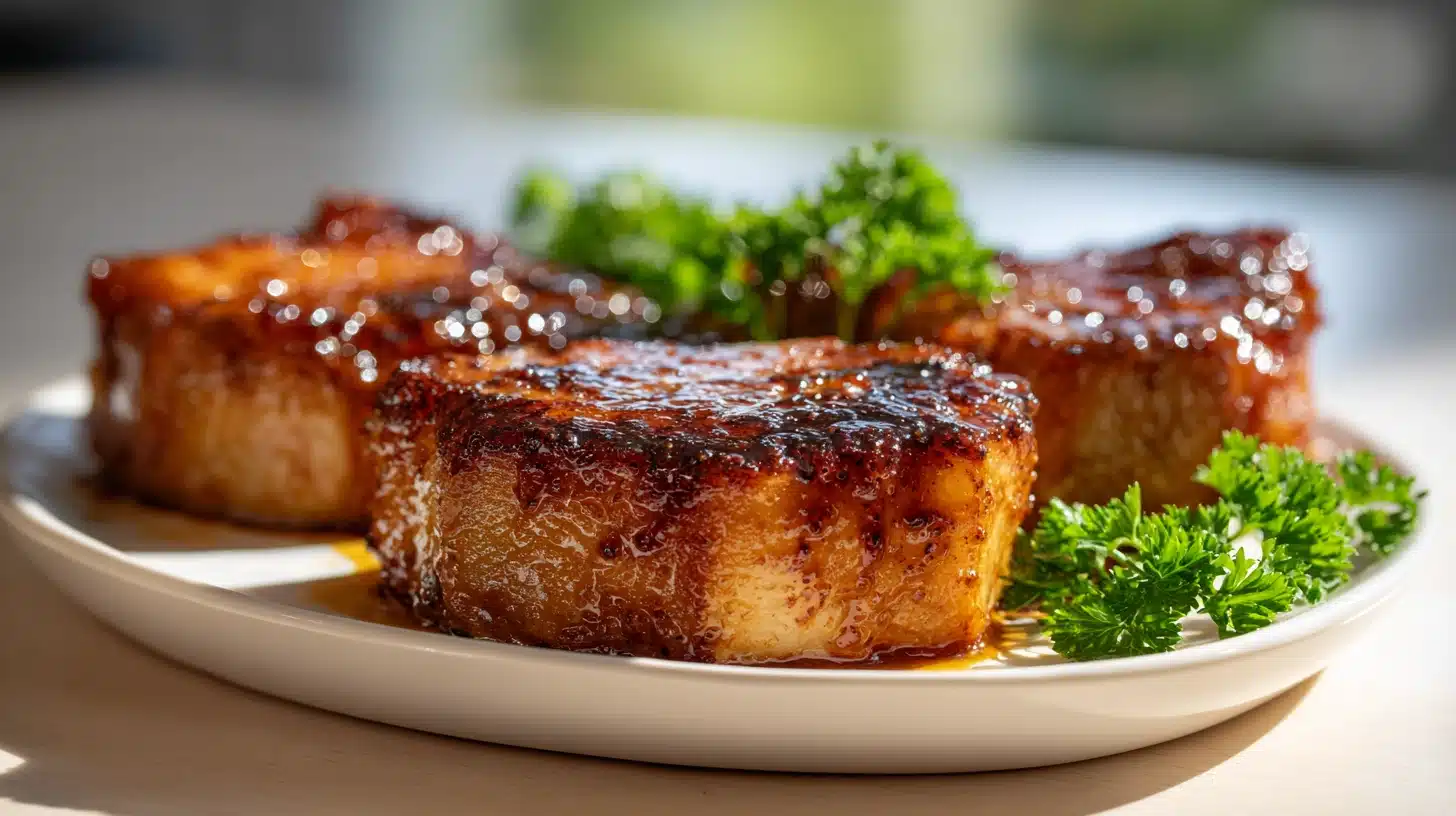 Garlic Brown Sugar Pork Chops: Sticky, Caramelized, and Ready in 33 Minutes 22 Garlic brown sugar pork chops with sticky caramelized glaze on dark slate