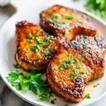 Golden-brown caramelized garlic brown sugar pork chops with sticky glaze, plated with fresh parsley and sides on a white plate.