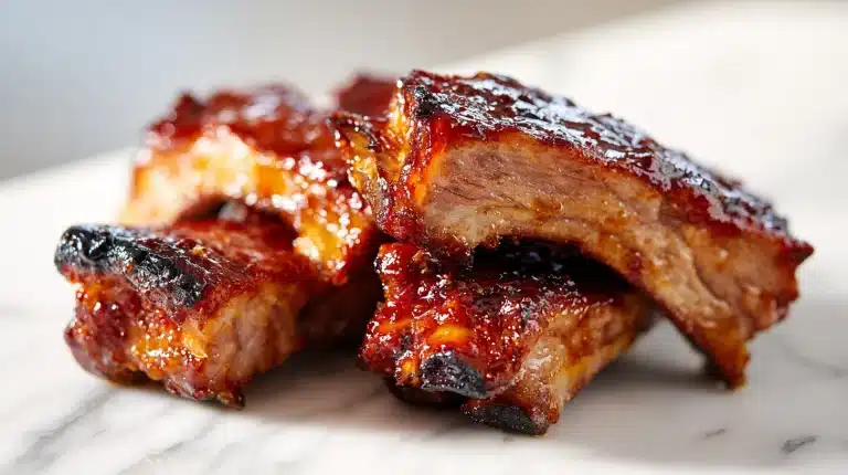 Rack of garlic brown sugar ribs with caramelized glaze on a wooden board