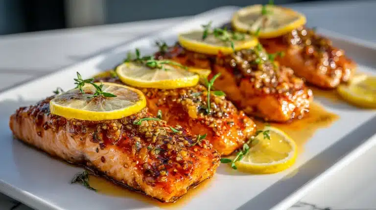 Four garlic brown sugar salmon fillets with caramelized glaze on a baking sheet