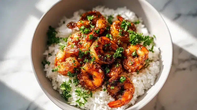 Garlic brown sugar shrimp with glossy caramel glaze and fresh parsley on a ceramic platter
