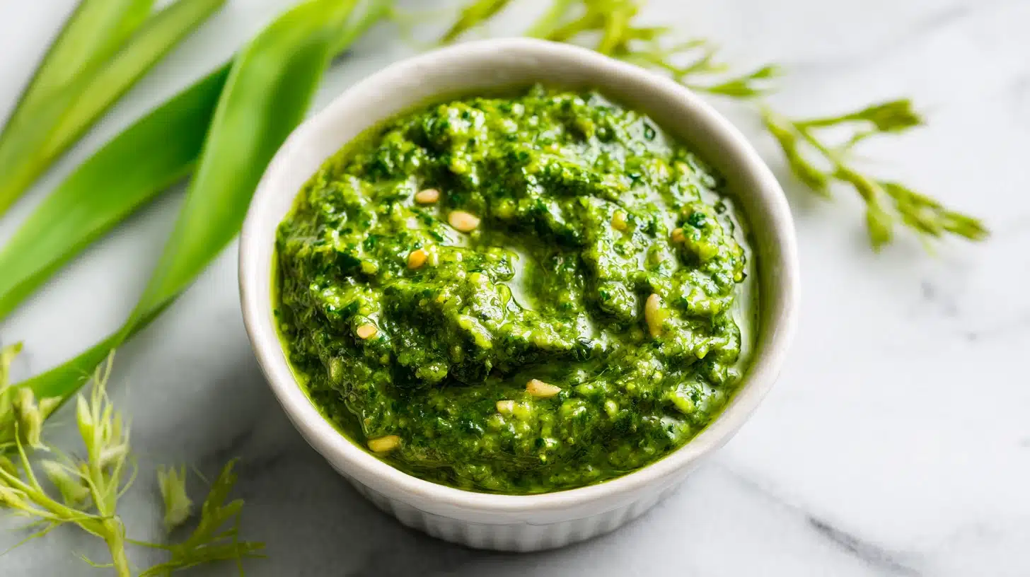 Garlic Scape Pesto: The 10-Minute Sauce You'll Make All Summer 19 Glass jar of bright green garlic scape pesto on a rustic wooden board with scapes and pine nuts