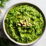 Vibrant bowl of garlic scape pesto with glossy green texture, topped with pine nuts and lemon, fresh scapes on marble surface.
