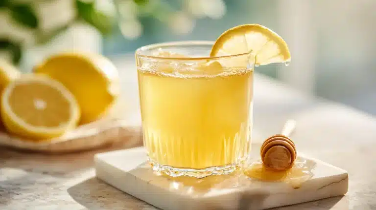 Warm Gelatin drink in a clear glass mug with honey drizzle and cinnamon