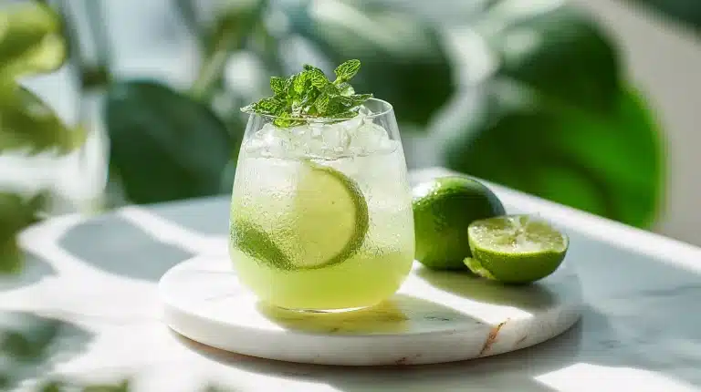 Glycine sleep mocktail in a tall glass with tart cherry juice and sparkling water garnish