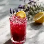 A tall glass of ruby-red glycine sleep mocktail with ice, sparkling bubbles, a fresh lemon slice, and a sprig of dried lavender on a bright marble surface, with tart cherry juice visible.