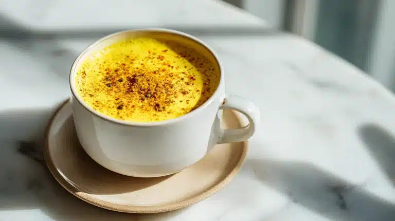 Golden milk bedtime drink in a ceramic mug with cinnamon and turmeric garnish