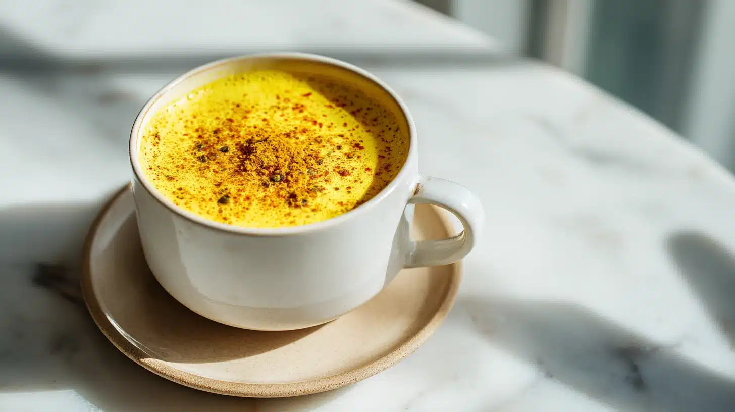 The Golden Milk Bedtime Drink That Actually Helps You Wind Down 19 Golden milk bedtime drink in a ceramic mug with cinnamon and turmeric garnish
