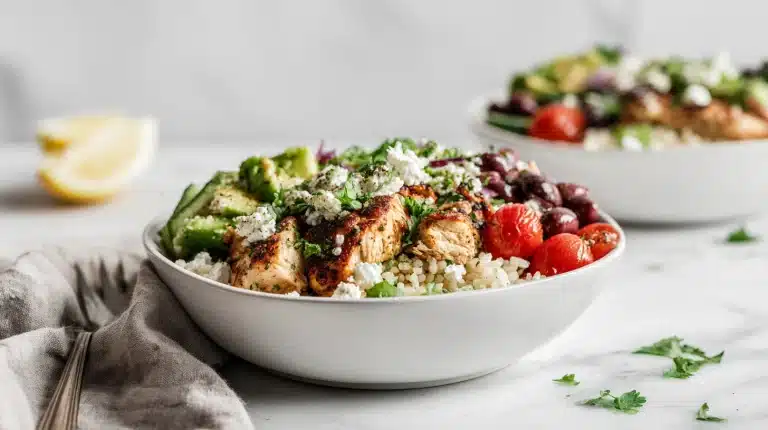 Greek Chicken Bowls with tzatziki, feta, olives, and charred chicken on rice
