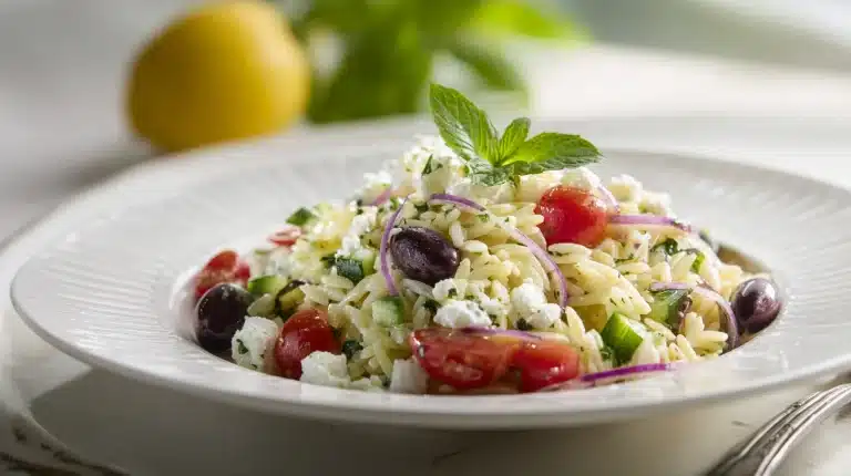 Greek Orzo Salad with Lemon Herb Dressing in a rustic bowl with feta and olives