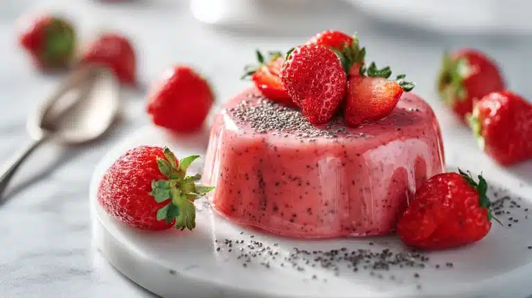 Four glass cups of creamy Greek yogurt jello topped with fresh strawberries and chia seeds