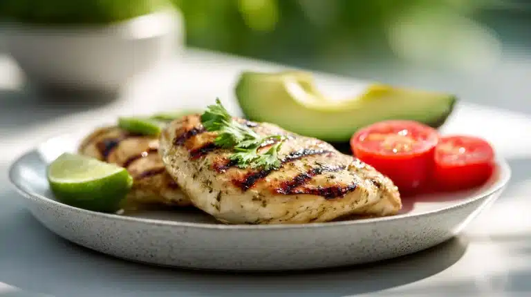 Grilled California Avocado Chicken on a rustic board with melted mozzarella and fresh basil