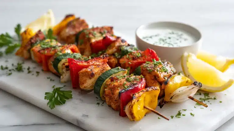 Platter of grilled chicken skewers with charred peppers and yogurt sauce on a wooden board