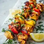 Juicy grilled chicken skewers with charred edges, threaded with bell peppers and zucchini, garnished with parsley and lemon on a board.