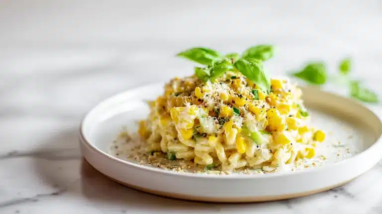 Grilled Corn Elote Pasta salad in a rustic bowl with cotija and lime
