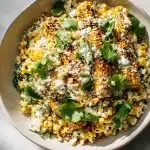 Grilled corn elote pasta salad with charred corn, crumbled cotija cheese, fresh cilantro, and creamy dressing on a marble surface.
