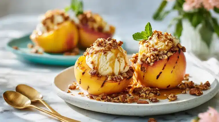 Grilled peaches with vanilla ice cream, pecans, and honey on a white ceramic plate