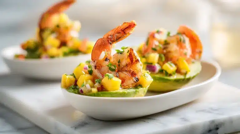 Grilled Shrimp & Avocado Bowls with Mango Salsa in a rustic ceramic bowl