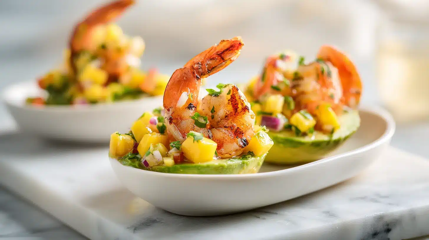 Grilled Shrimp & Avocado Bowls with Mango Salsa (Ready in 35 Minutes) 29 Grilled Shrimp & Avocado Bowls with Mango Salsa in a rustic ceramic bowl