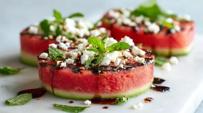 Grilled watermelon steaks with feta, mint, and honey balsamic glaze on a dark slate platter