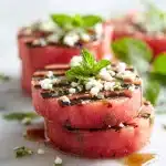 A thick slice of grilled watermelon steak topped with crumbled feta, fresh mint, and honey balsamic glaze on a rustic plate.