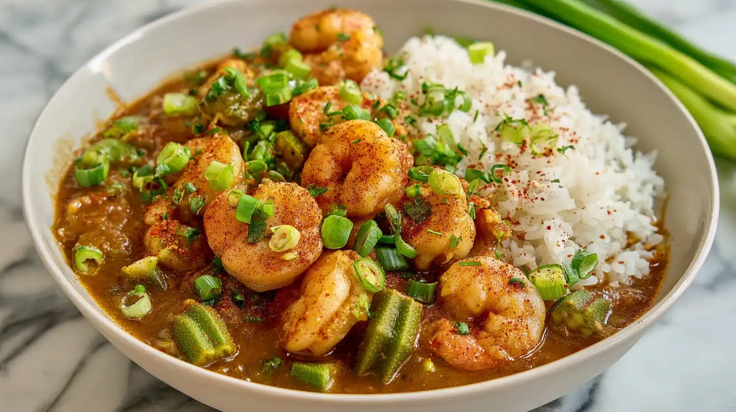 The Gumbo Recipe with Okra and Shrimp That Tastes Like Louisiana in a Bowl 34 Gumbo recipe with okra and shrimp in a cast iron pot with rice and scallions