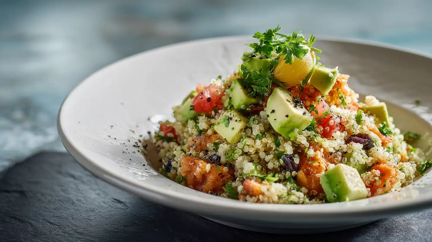 The Gut Friendly Quinoa Bowl That Actually Tastes Amazing 34 Gut friendly quinoa bowl topped with kimchi, kale, soft-boiled egg, and chickpeas