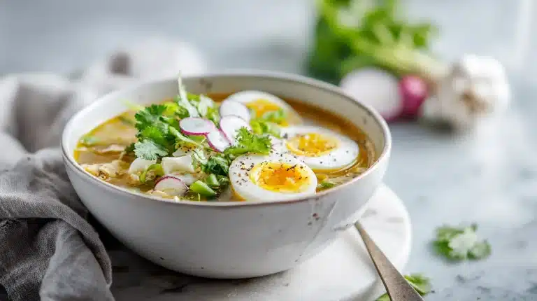 A bowl of gut healing chicken soup with golden broth, shredded chicken, and fresh vegetables