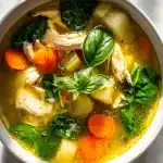 Steaming bowl of gut healing chicken soup with shredded chicken, carrots, celery, spinach, and lemon wedge on a wooden table.