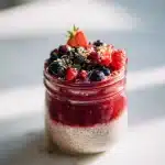 A glass jar of creamy gut health chia pudding layered with berry compote, topped with fresh blueberries, raspberries, and seeds.