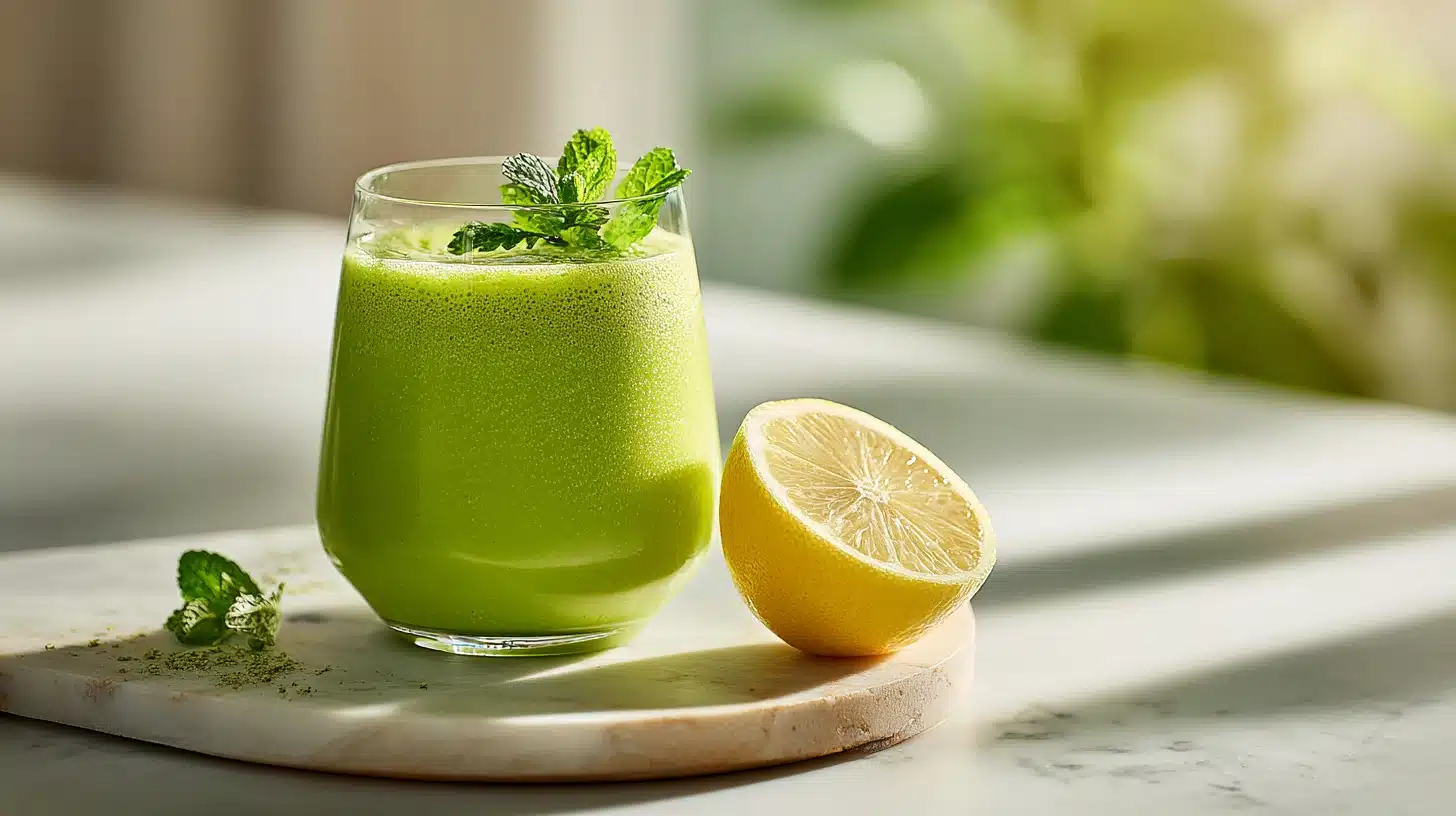 The Gut Health Green Smoothie That Actually Tastes Good 21 Creamy gut health green smoothie in a clear glass topped with flaxseed and ginger