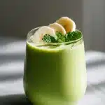 Vibrant green smoothie in a clear glass garnished with banana slice and mint leaves on marble, creamy gut health green smoothie.