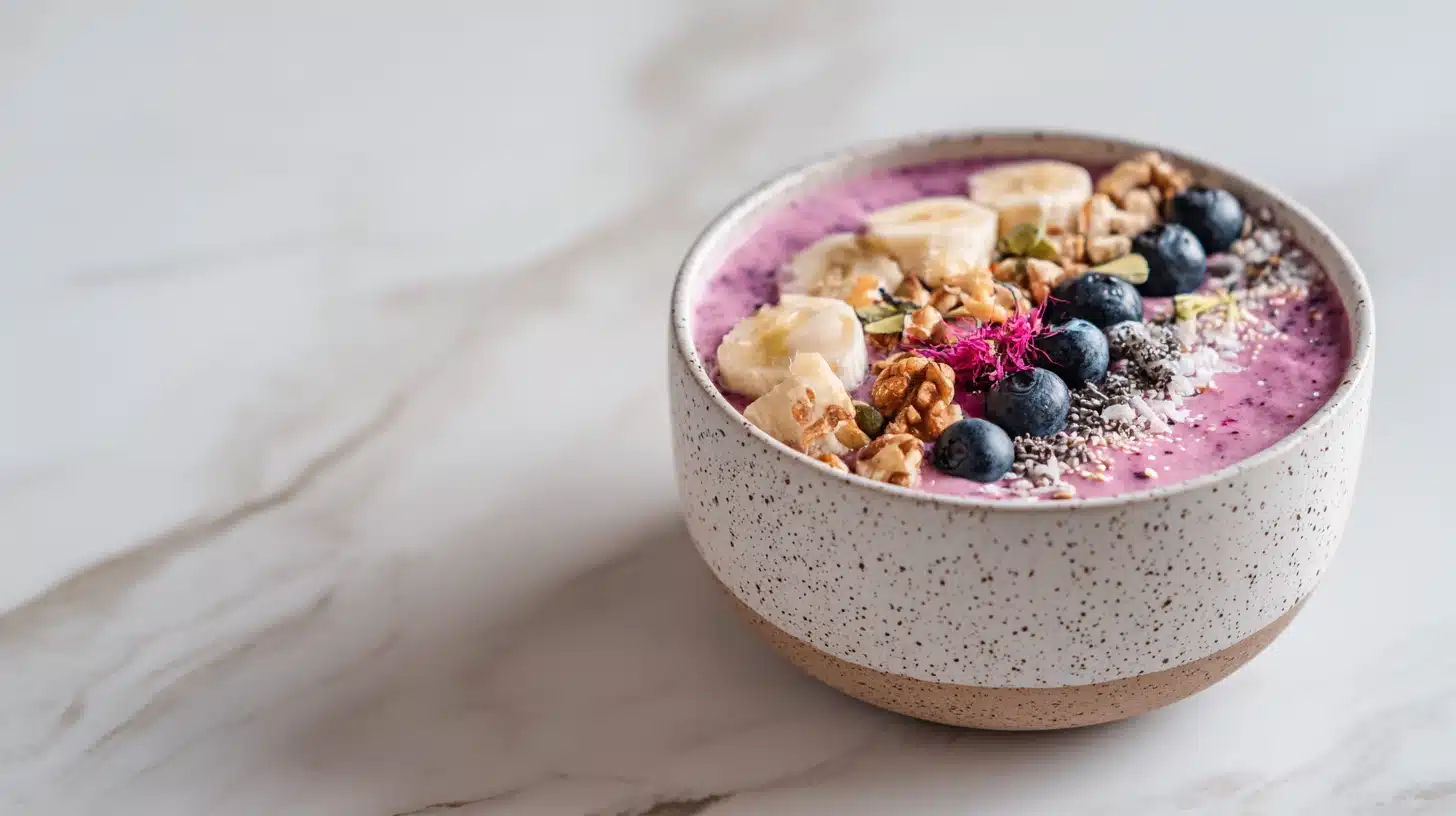 The Gut Health Smoothie Bowl That Actually Works (5 Minutes, No Blending Tricks) 23 Gut health smoothie bowl with kefir base, kiwi, granola, raspberries, and honey drizzle
